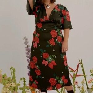 NWT 3X Lisa Says Gah Strawberry Rose Party Black Red Floral Midi Dress Slit Bow